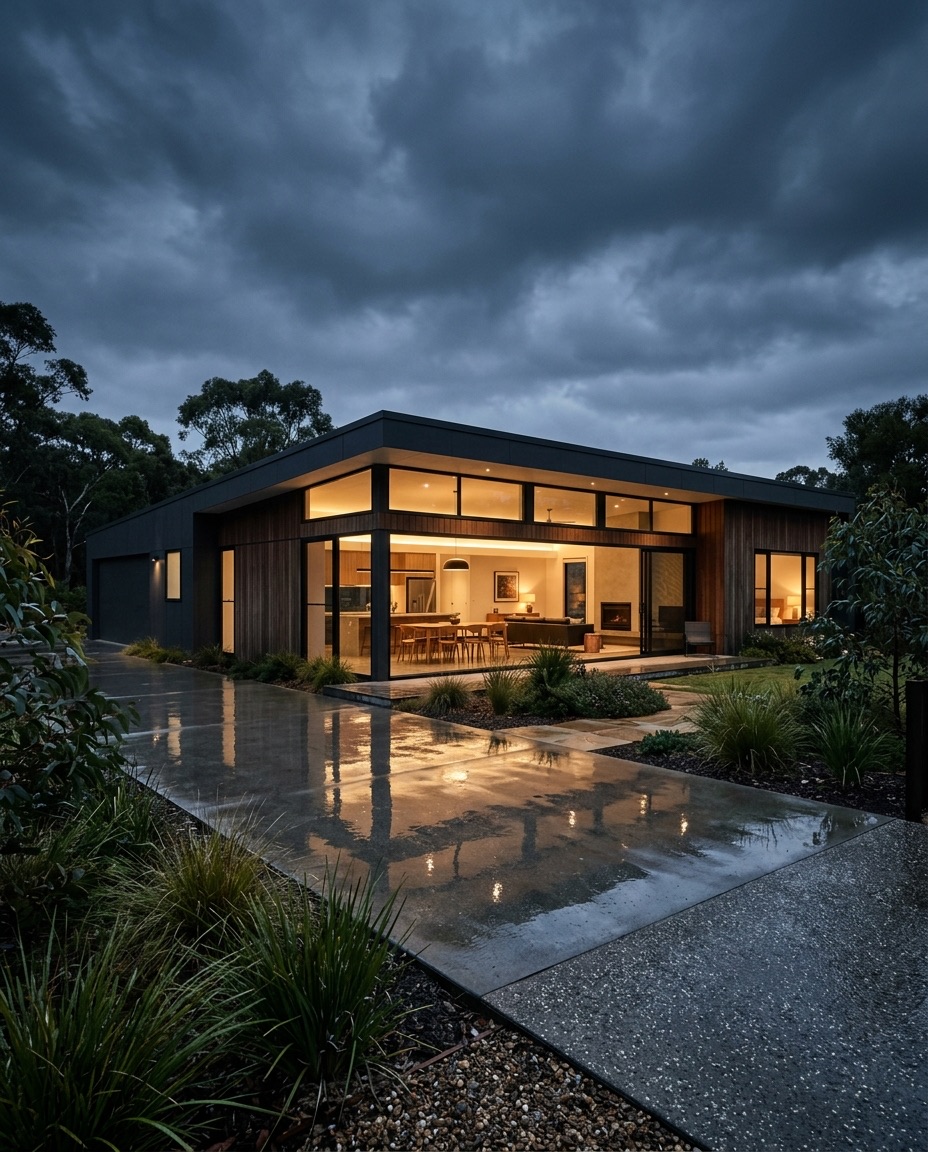 Modern Tasmanian home lit up at dusk