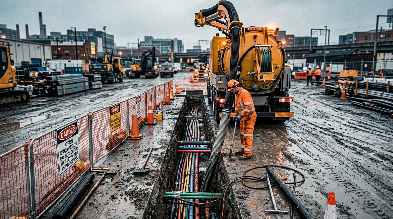 Vacuum excavation truck working beside exposed underground services