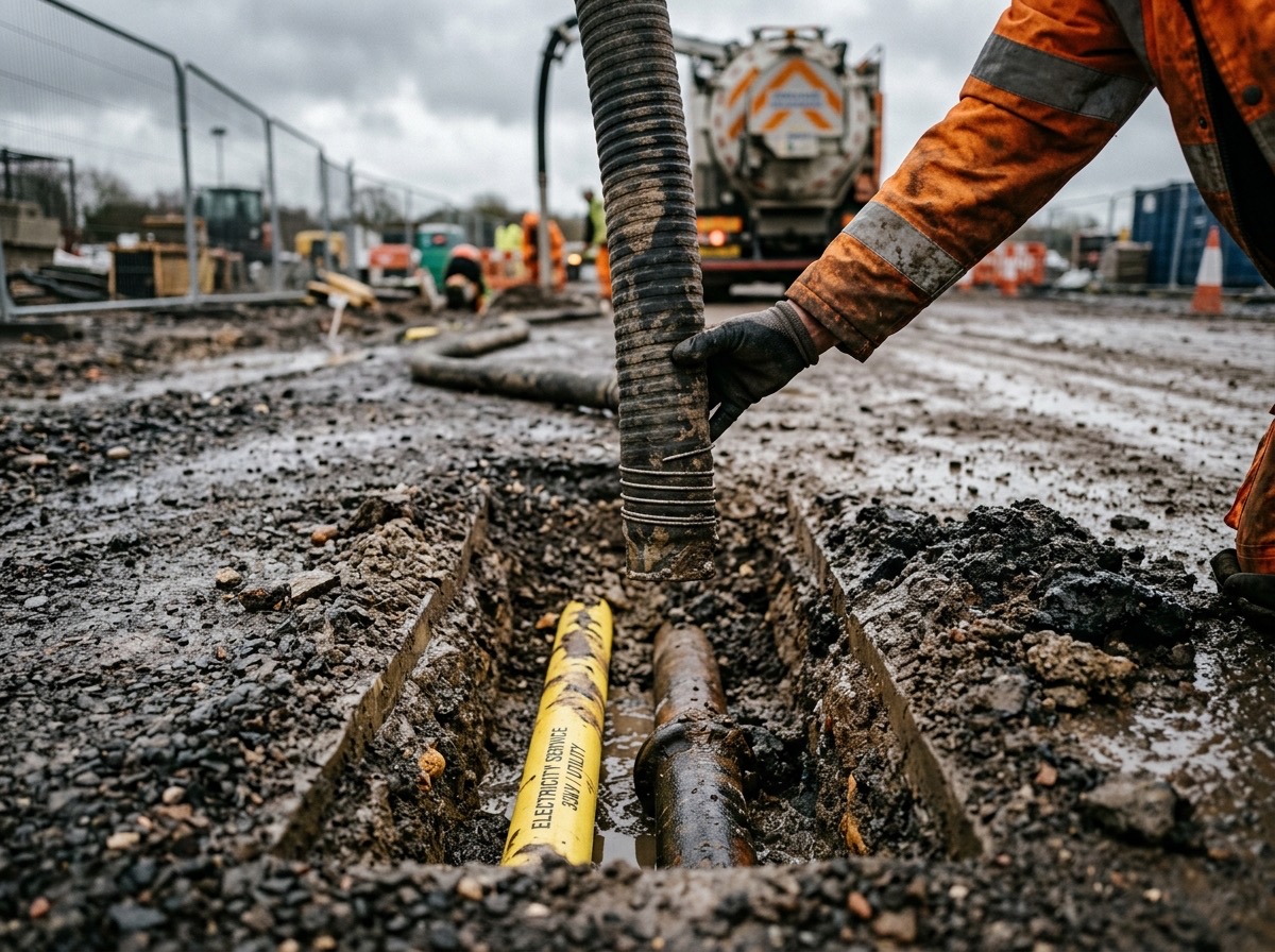 Vac truck hose excavating a narrow pothole beside an exposed service line
