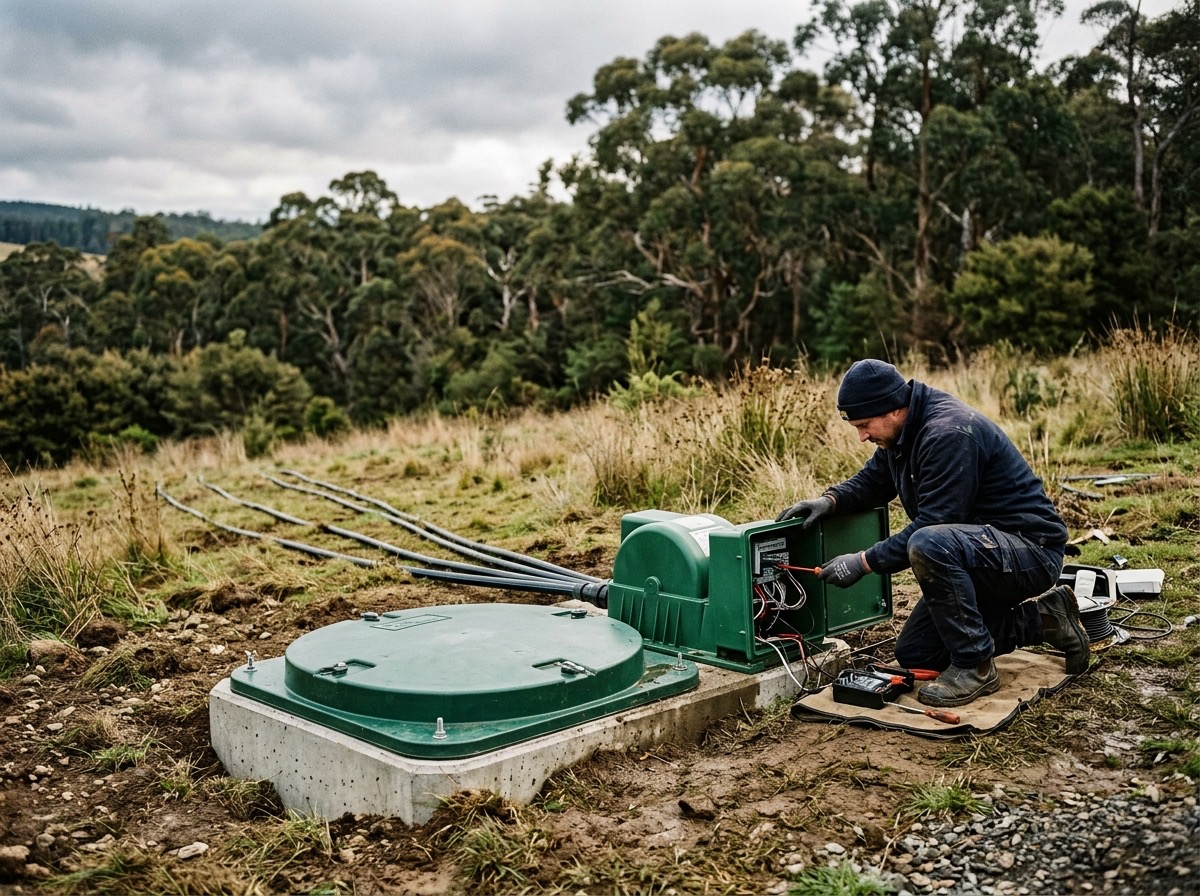 Newly installed aerated wastewater treatment tank on a rural Tasmanian block