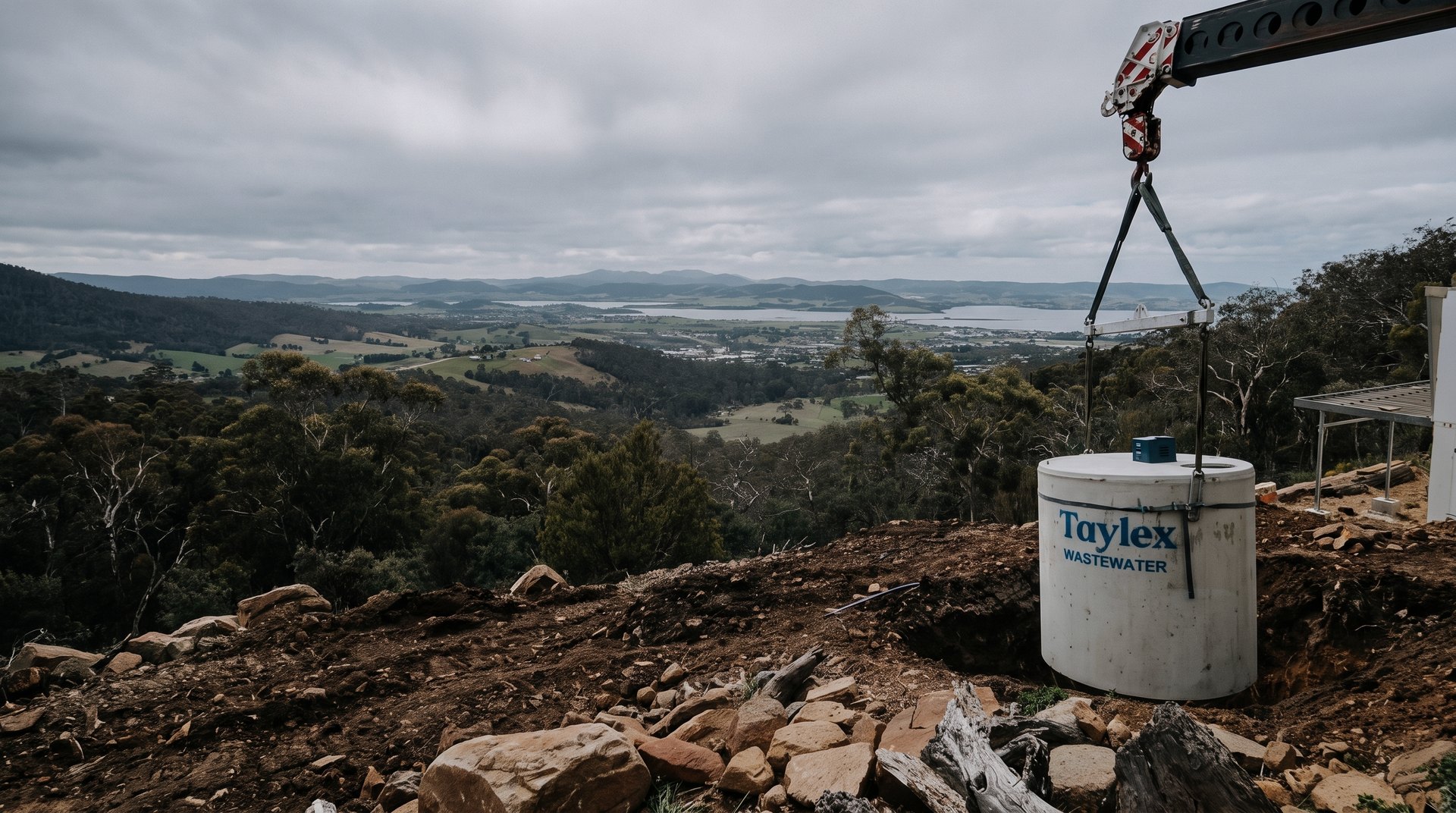 A Taylex wastewater treatment tank being craned into place on a hillside property above the Derwent valley